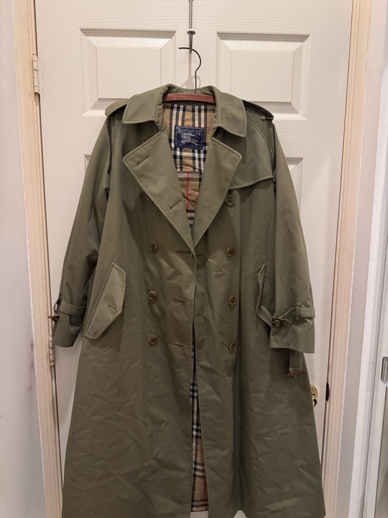 Vintage 1980s Burberry Olive Double-Breasted Trench Coat With Wool Lining